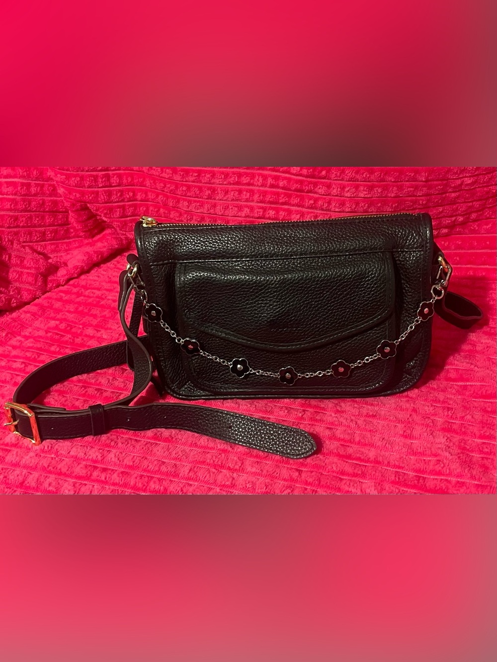 Aimee Kestenberg Talia Black Pebbled Leather Crossbody with Floral Chain Accent